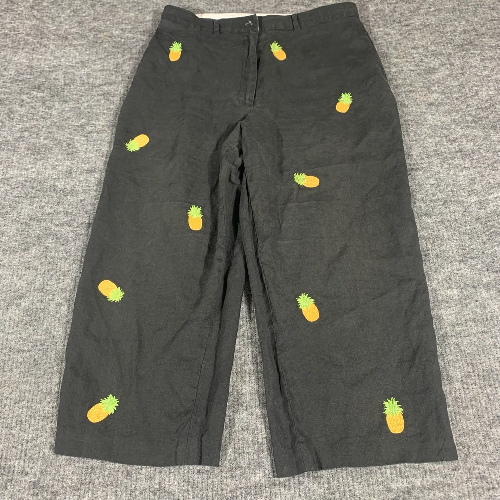 Deane & White Pants Womens 16 Black Linen Pineapple Embroidered Wide Leg Cropped